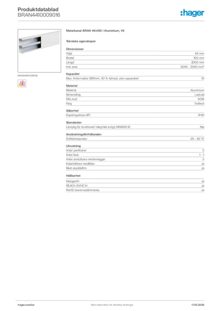 Bild Hager Produktdatablad BRAN4410009016 | Hager Sverige
