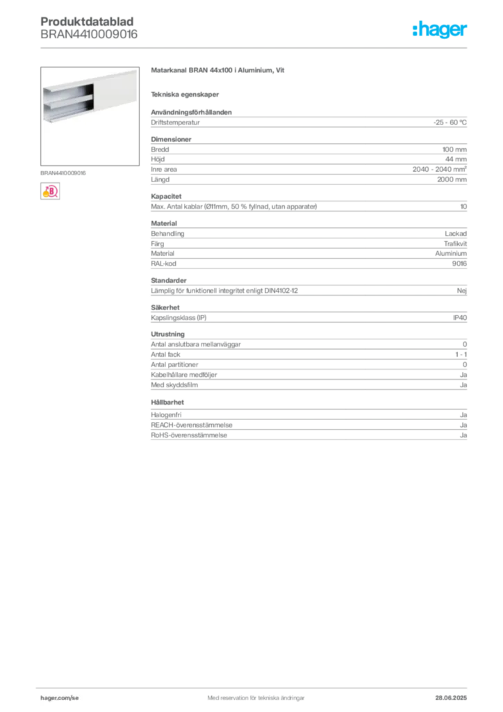 Bild Hager Produktdatablad BRAN4410009016 | Hager Sverige