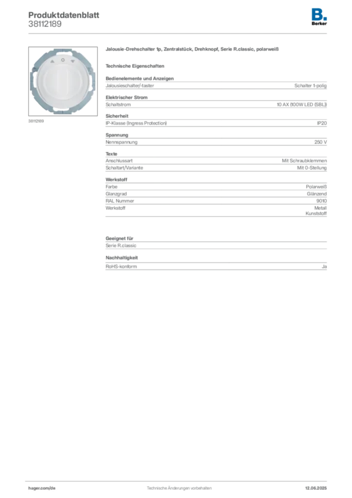 Bild Berker Produktdatenblatt 38112189 | Hager Deutschland