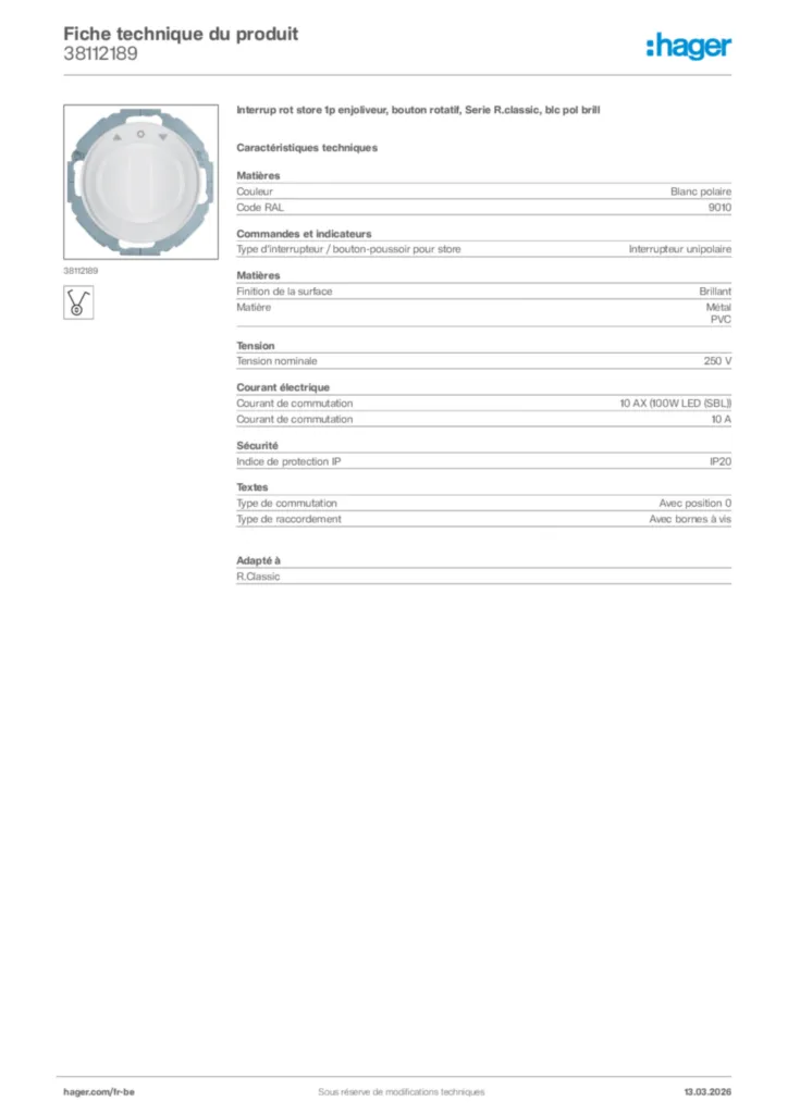 Image Hager Fiche technique du produit 38112189 | Hager Belgique