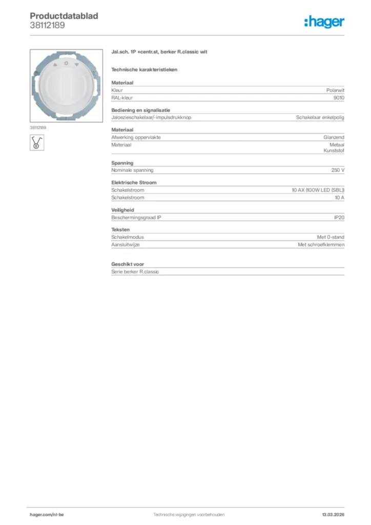 Afbeelding Hager Productdatablad 38112189 | Hager Belgium