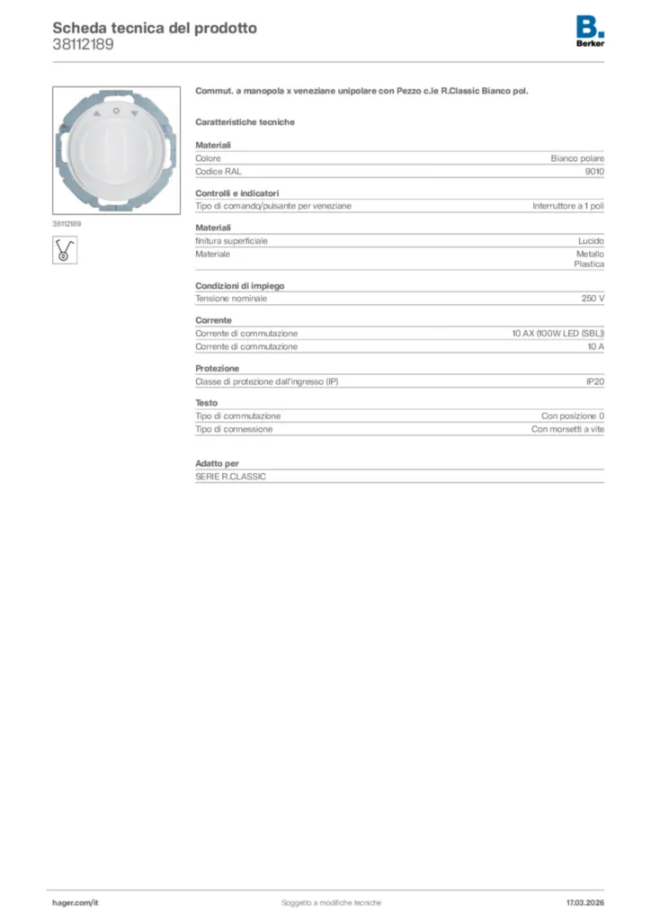 Immagine Berker Scheda tecnica del prodotto 38112189 | Hager Italia