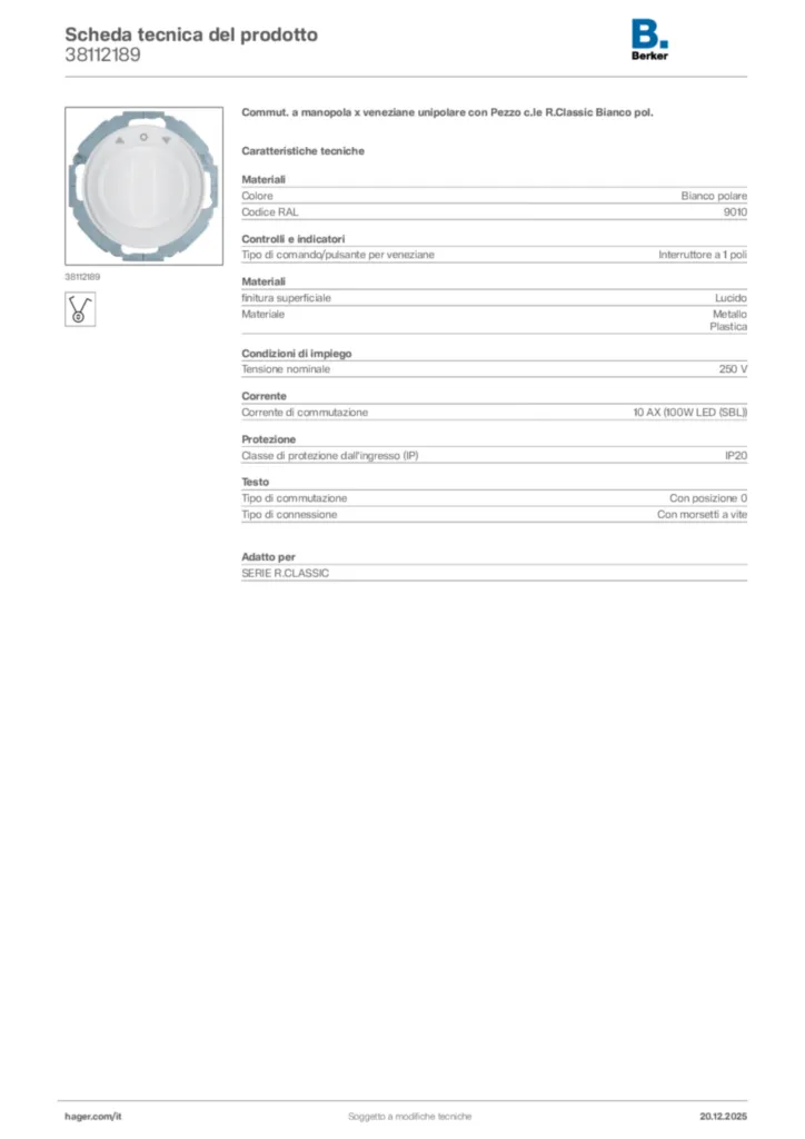 Immagine Berker Scheda tecnica del prodotto 38112189 | Hager Italia