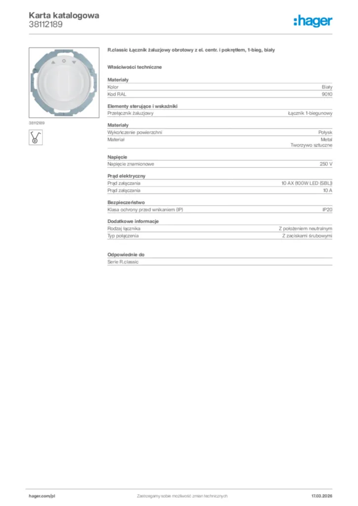 Zdjęcie Hager Karta katalogowa 38112189 | Hager Polska