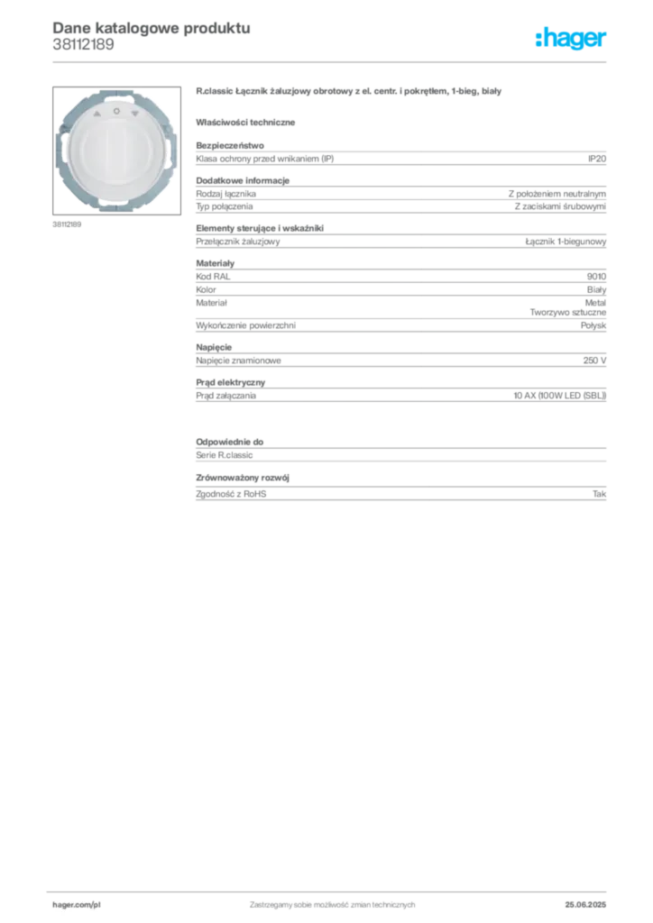 Zdjęcie Hager Karta katalogowa 38112189 | Hager Polska