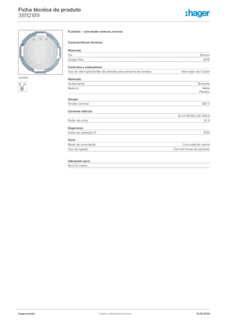 Imagem Hager Ficha técnica do produto 38112189 | Hager Portugal