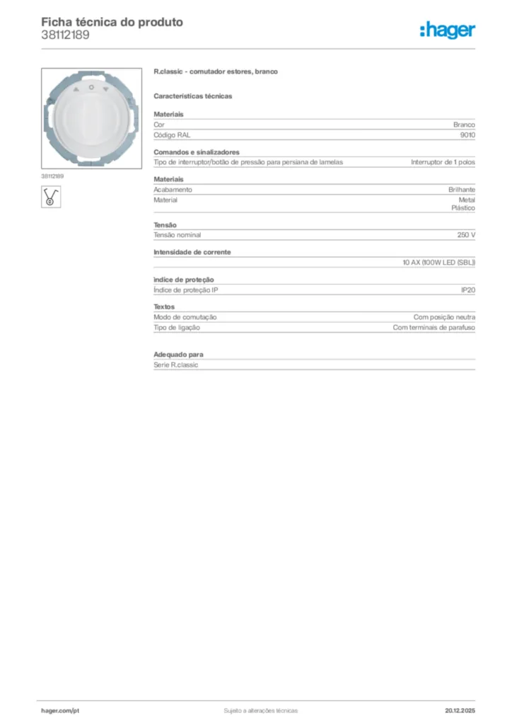 Imagem Hager Ficha técnica do produto 38112189 | Hager Portugal