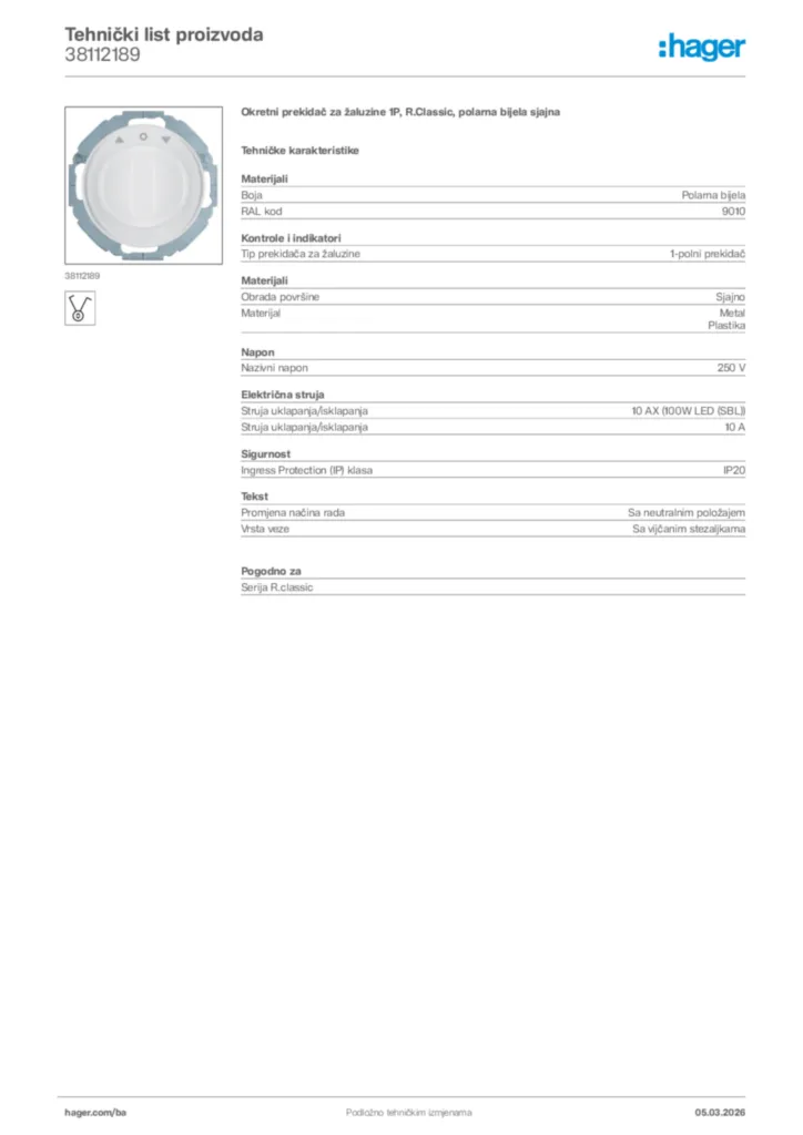 Slika Hager Tehnički list proizvoda 38112189  | Hager