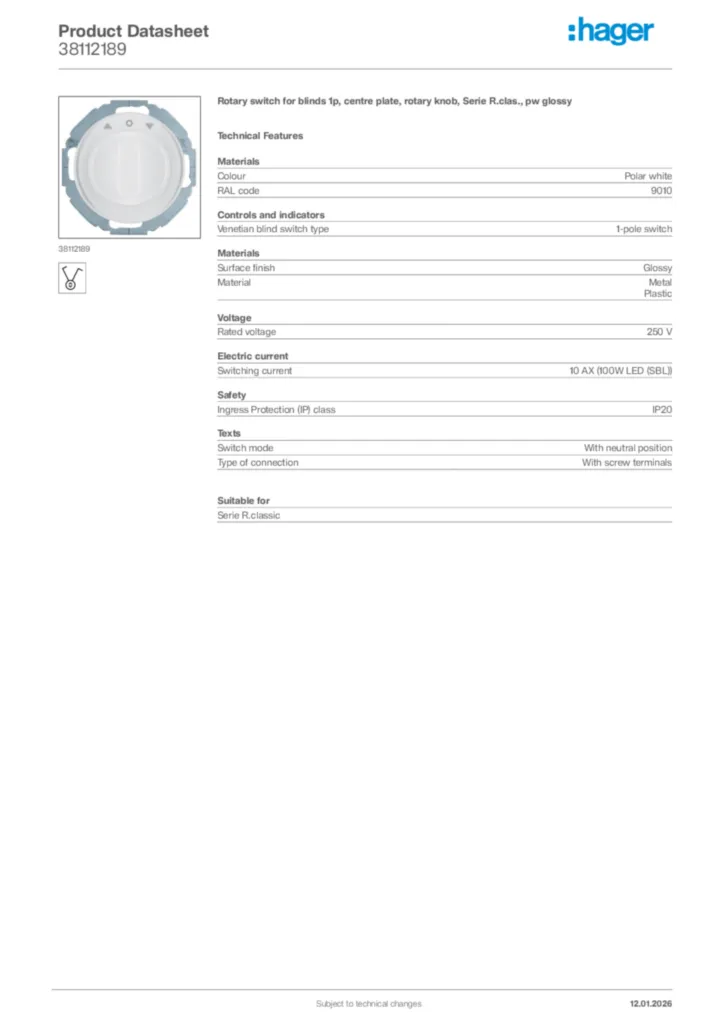 Image Hager Product data sheet 38112189  | Hager
