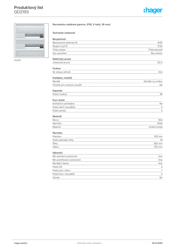 Obrázek Hager Produktový list GD218S | Hager