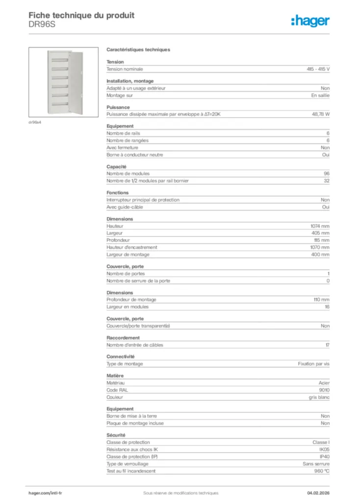 Image Hager Fiche technique du produit DR96S | Hager Afrique