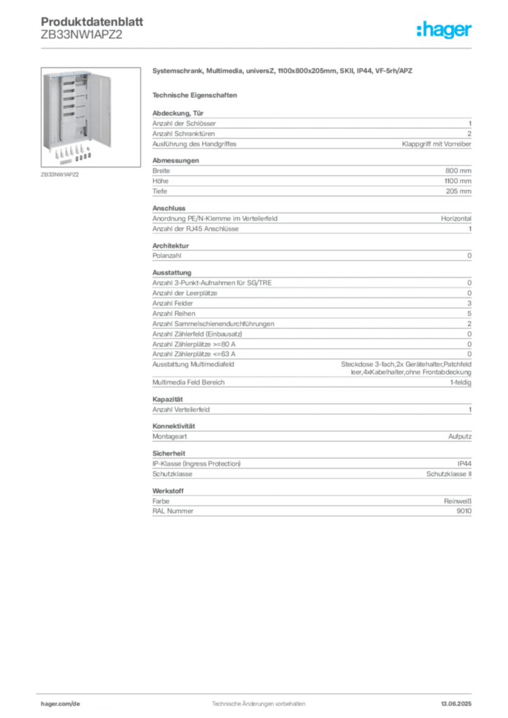 Hager Produktdatenblatt ZB33NW1APZ2