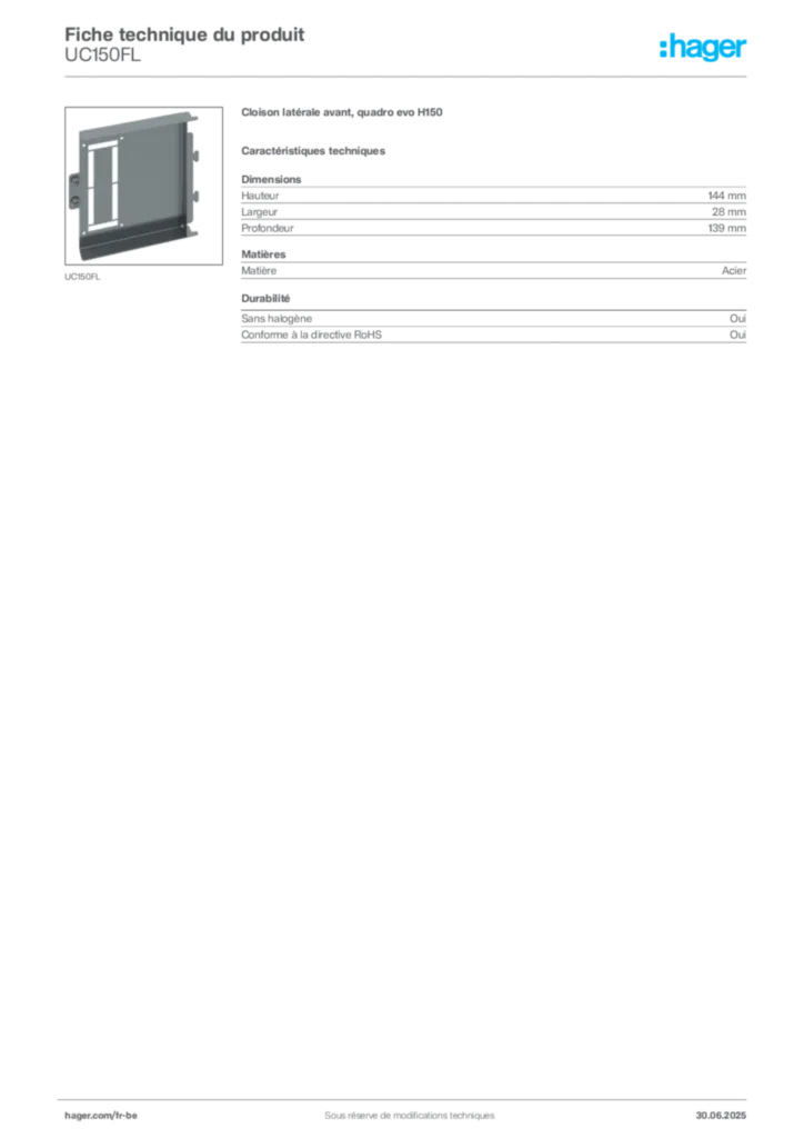 Image Hager Fiche technique du produit UC150FL | Hager Belgique