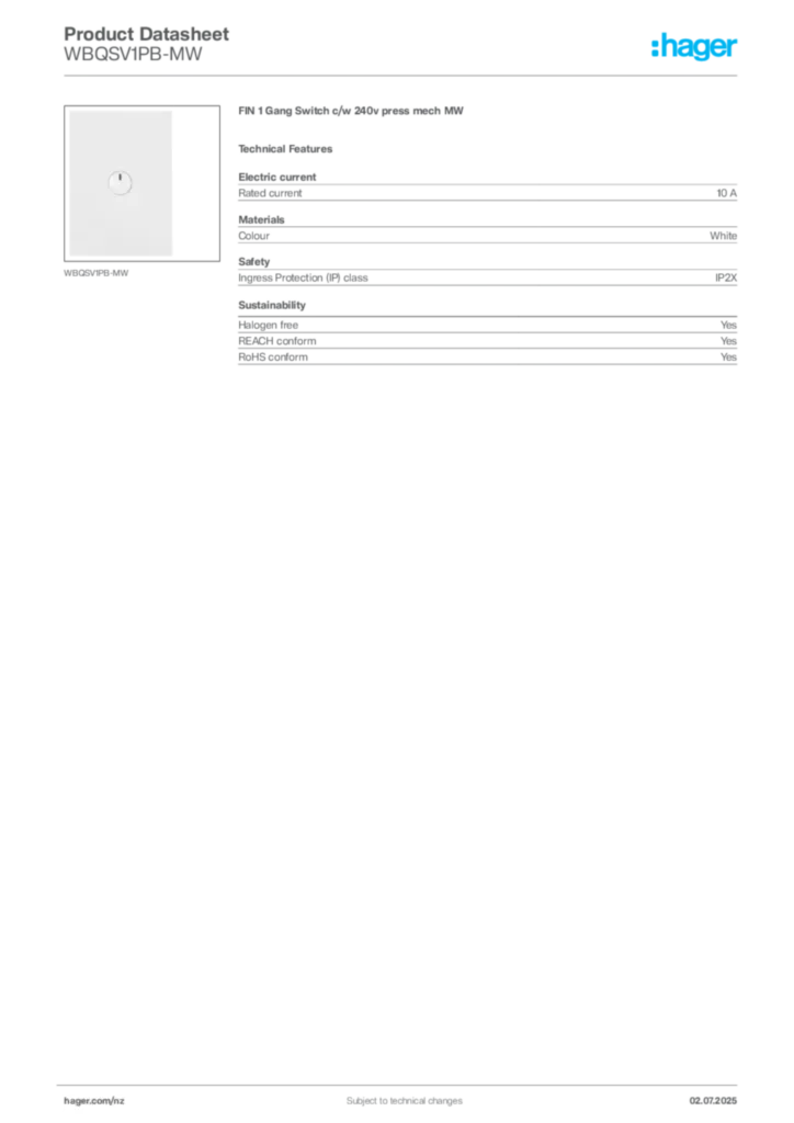 Image Hager Product data sheet WBQSV1PB-MW  | Hager New Zealand