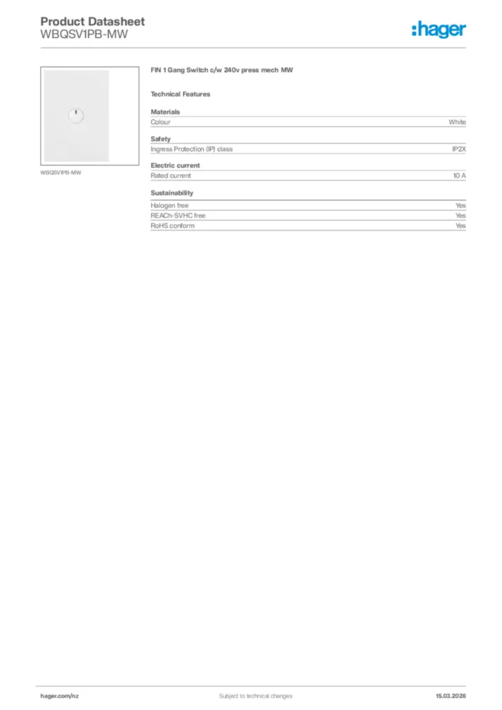 Image Hager Product data sheet WBQSV1PB-MW  | Hager New Zealand