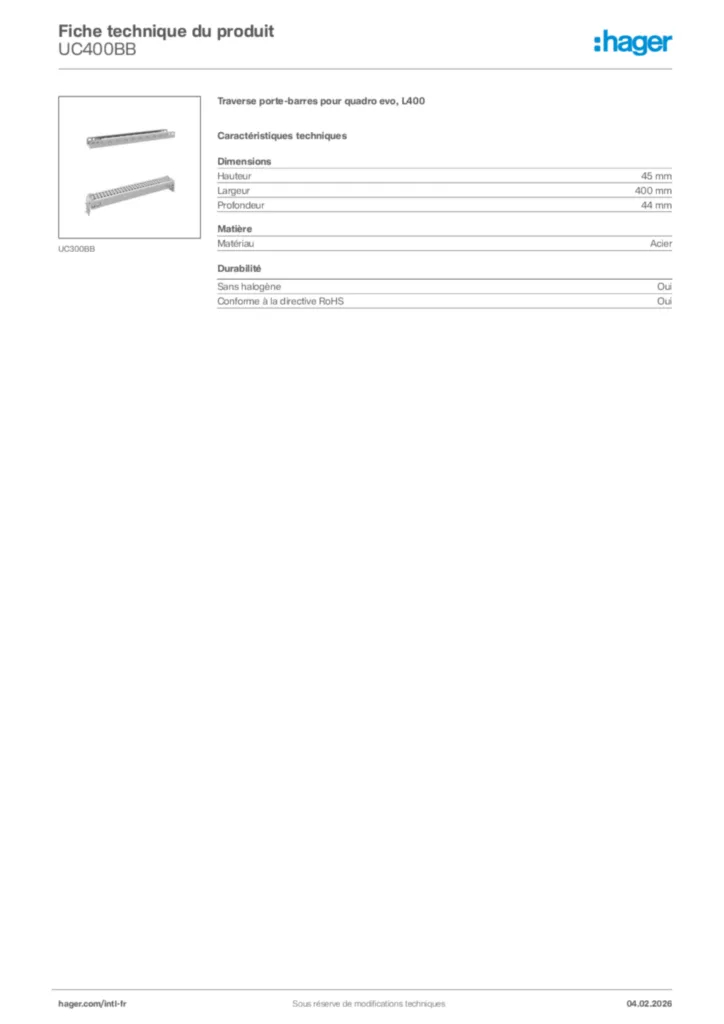 Image Hager Fiche technique du produit UC400BB | Hager Afrique