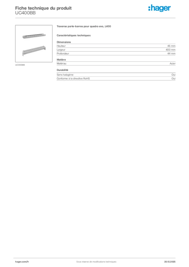 Image Hager Fiche technique du produit UC400BB | Hager France