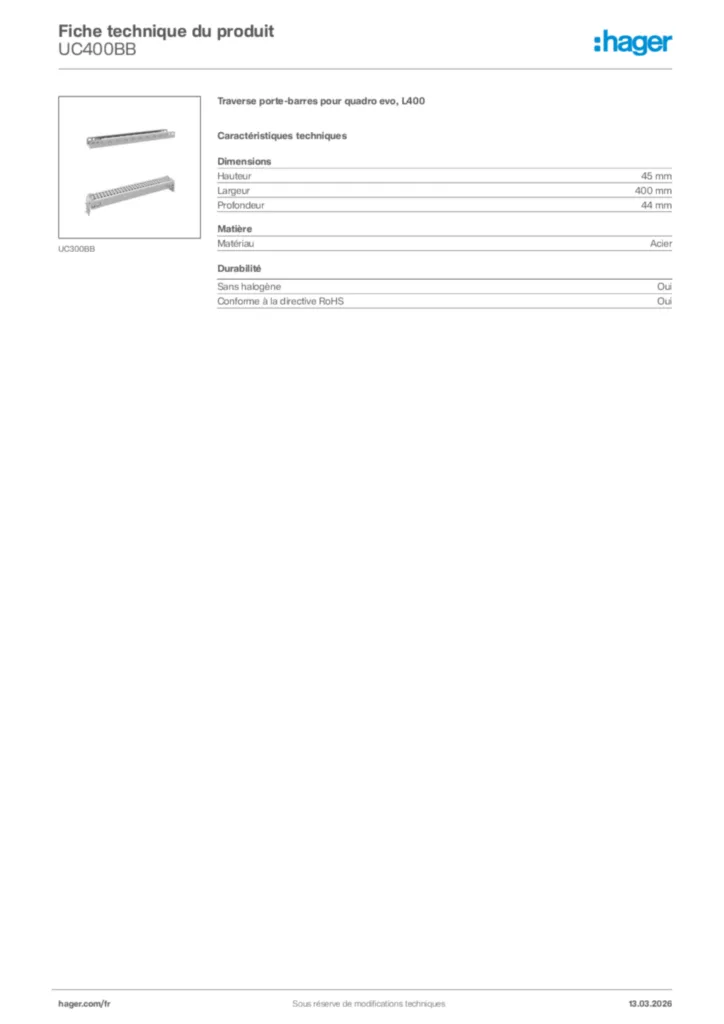 Image Hager Fiche technique du produit UC400BB | Hager France