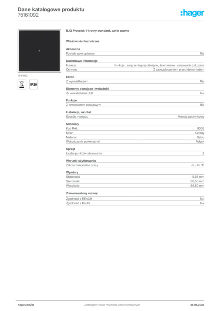 Zdjęcie Hager Karta katalogowa 75161092 | Hager Polska