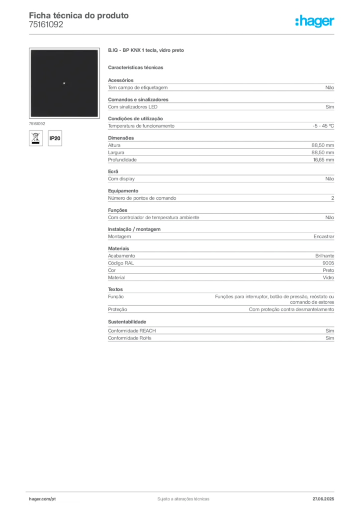 Imagem Hager Ficha técnica do produto 75161092 | Hager Portugal