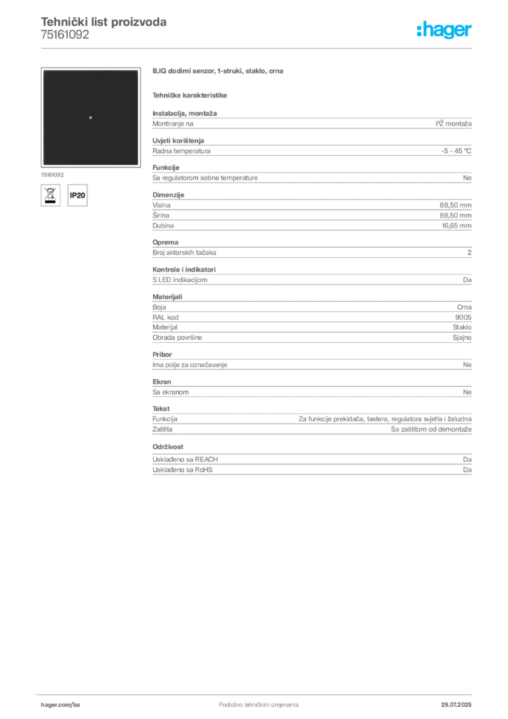 Slika Hager Product data sheet 75161092  | Hager