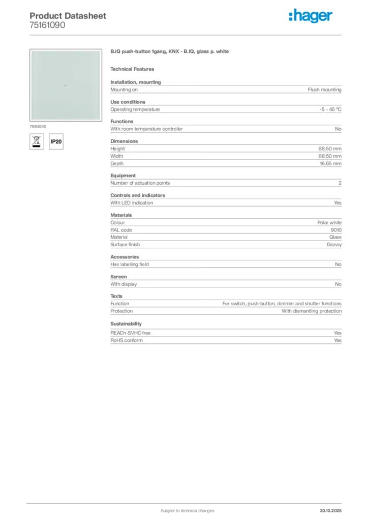 Image Hager Product data sheet 75161090  | Hager Africa