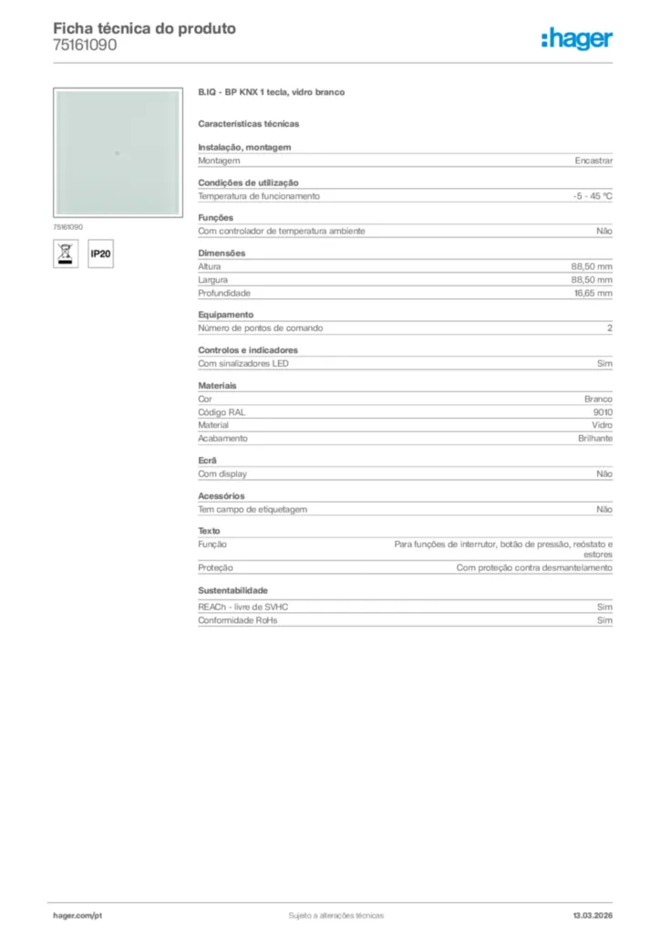 Imagem Hager Ficha técnica do produto 75161090 | Hager Portugal