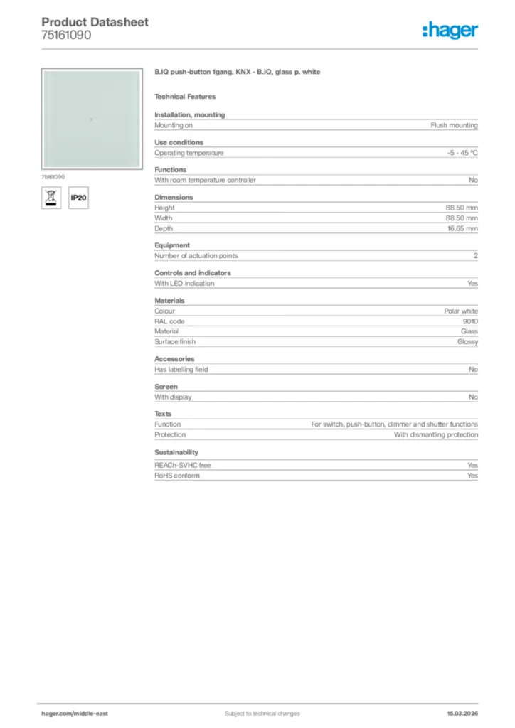 Image Hager Product data sheet 75161090  | Hager