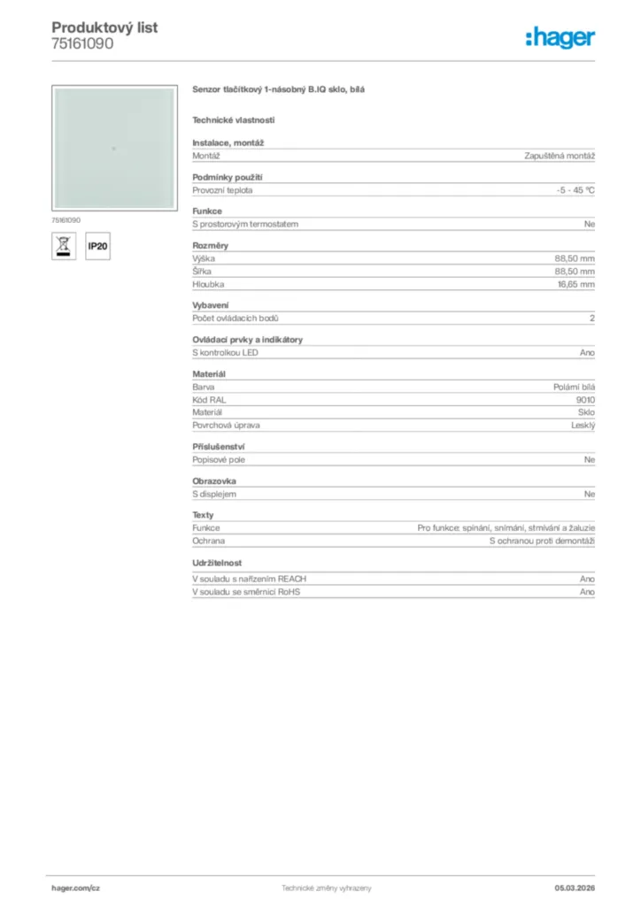 Obrázek Hager Product data sheet 75161090 | Hager