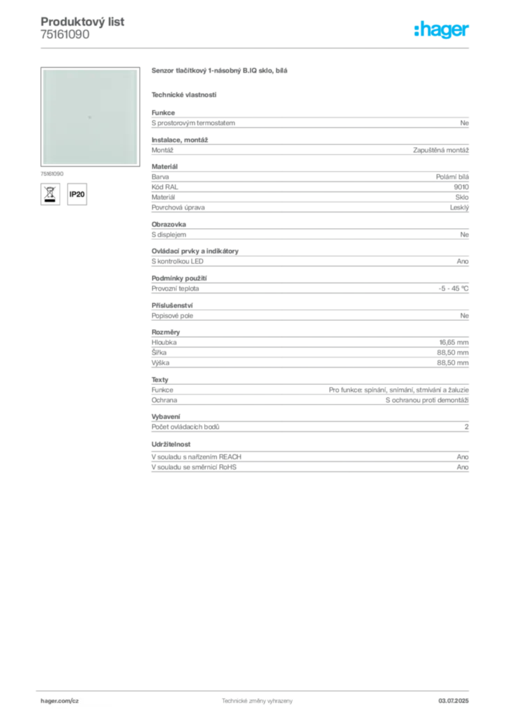 Obrázek Hager Produktový list 75161090 | Hager