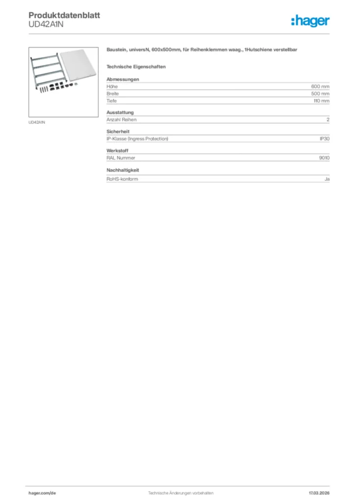 Bild Hager Produktdatenblatt UD42A1N | Hager Deutschland