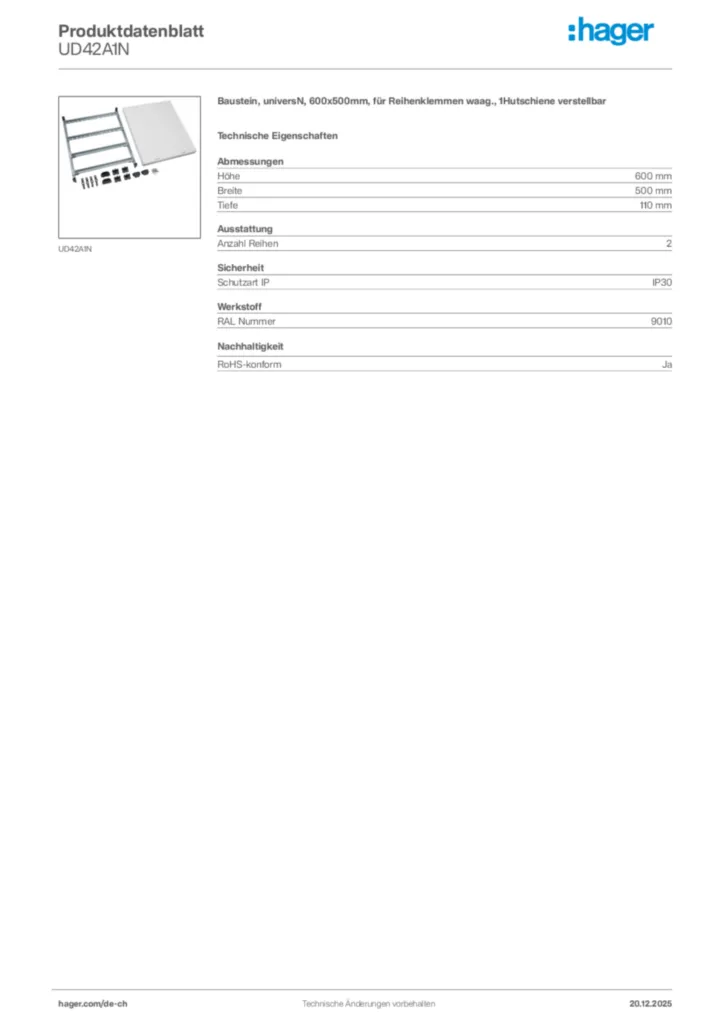 Bild Hager Produktdatenblatt UD42A1N | Hager Schweiz