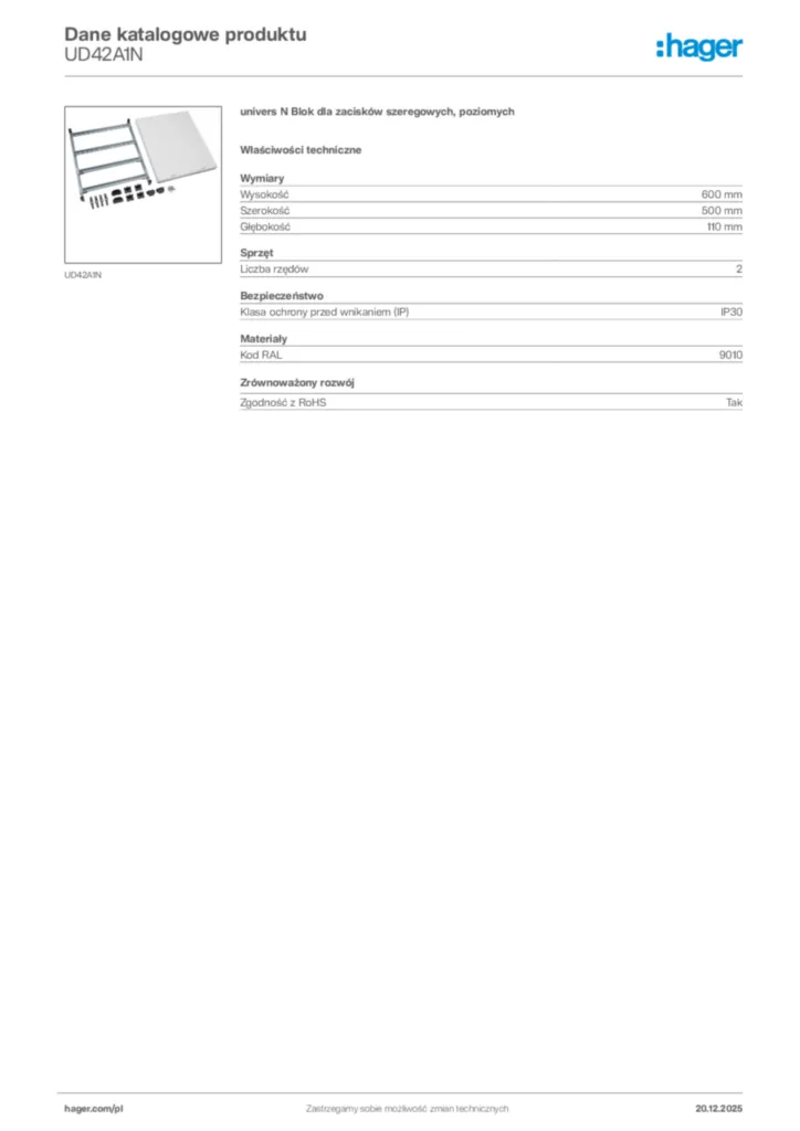 Zdjęcie Hager Karta katalogowa UD42A1N | Hager Polska