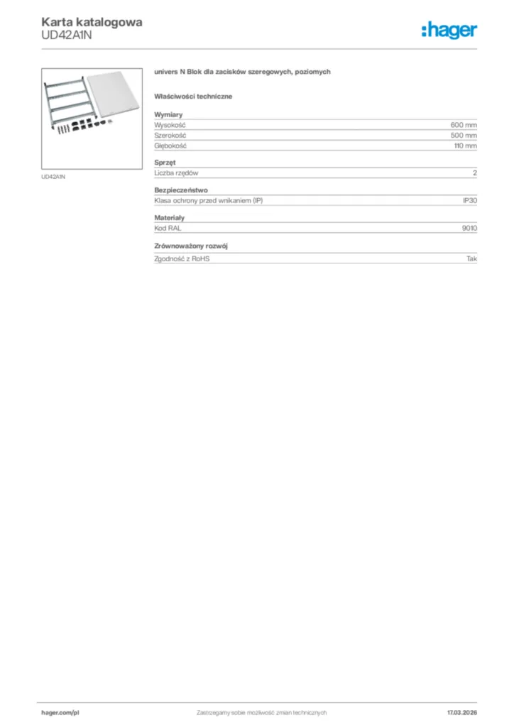 Zdjęcie Hager Karta katalogowa UD42A1N | Hager Polska