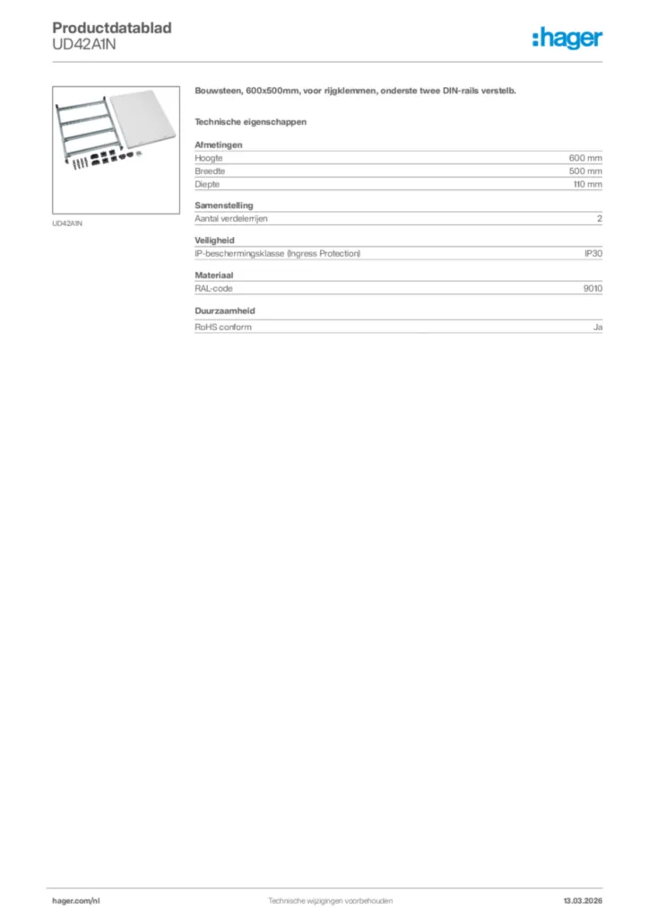 Afbeelding Hager Productdatablad UD42A1N | Hager Nederland