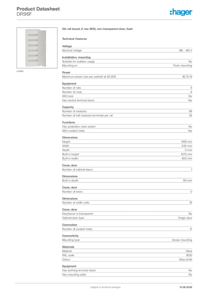 Image Hager Product data sheet DR96F  | Hager Africa
