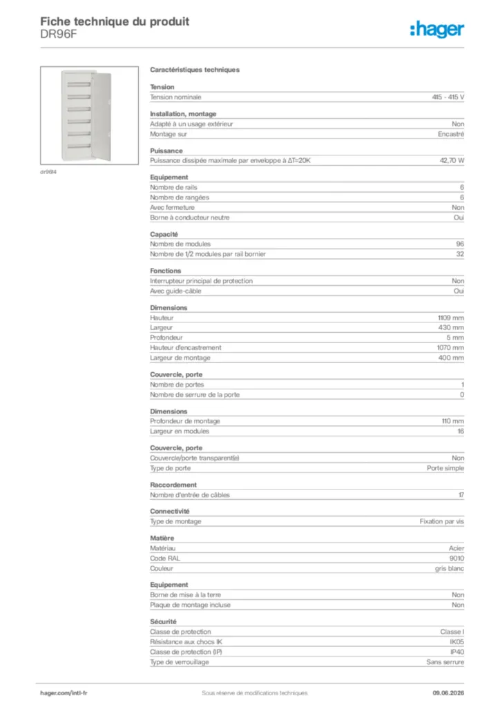 Image Hager Fiche technique du produit DR96F | Hager Afrique