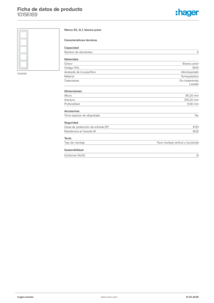 Imagen Hager Ficha de datos de producto 10156189 | Hager España