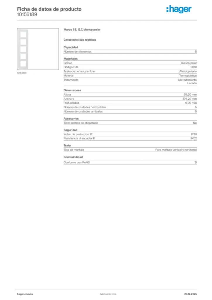Imagen Hager Ficha de datos de producto 10156189 | Hager España