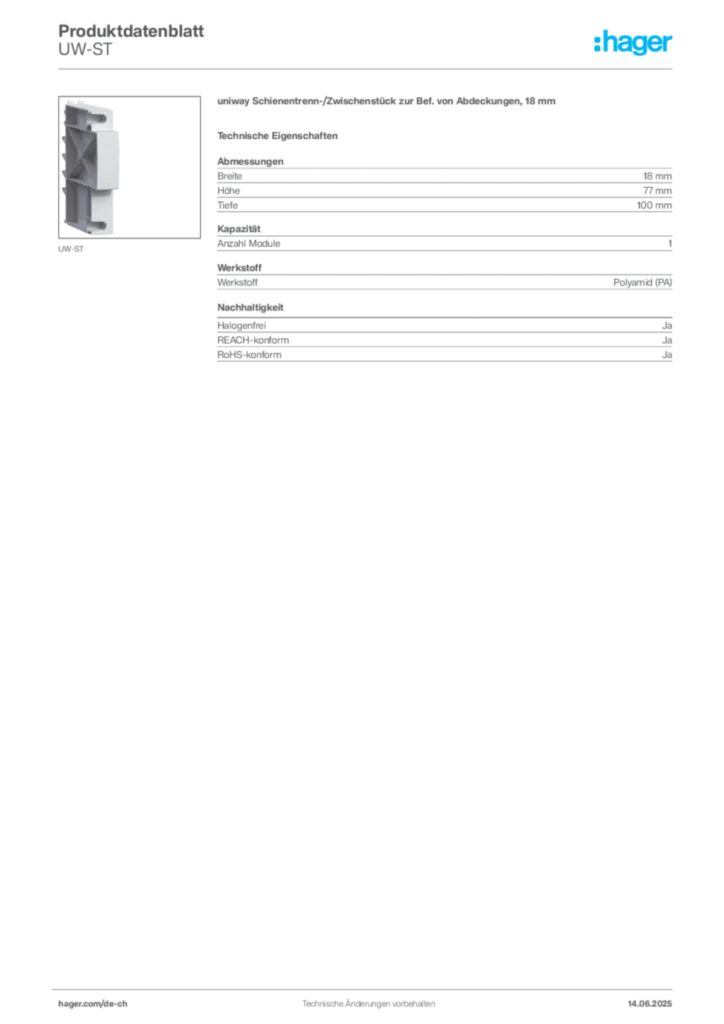 Bild Hager Produktdatenblatt UW-ST | Hager Schweiz