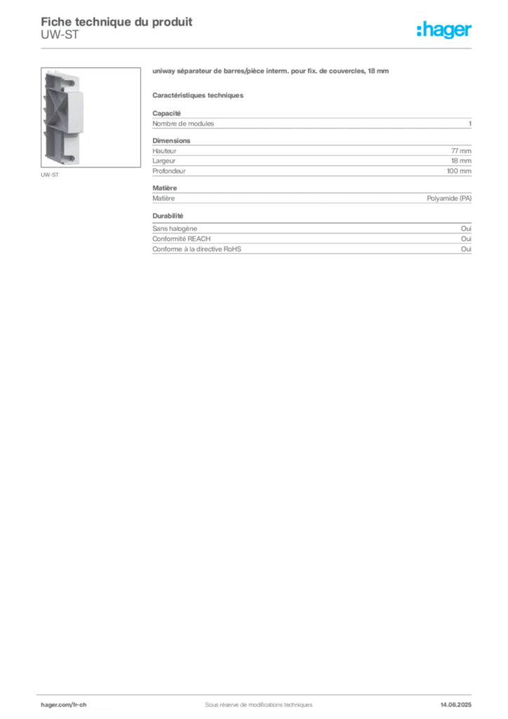 Image Hager Fiche technique du produit UW-ST | Hager Suisse