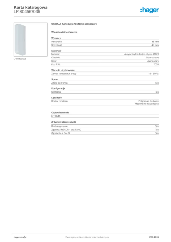 Zdjęcie Hager Karta katalogowa LF1804567035 | Hager Polska