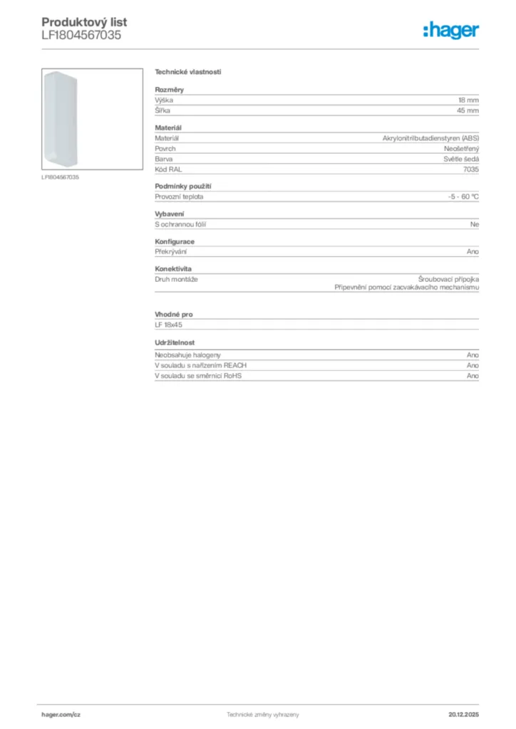Obrázek Hager Produktový list LF1804567035 | Hager