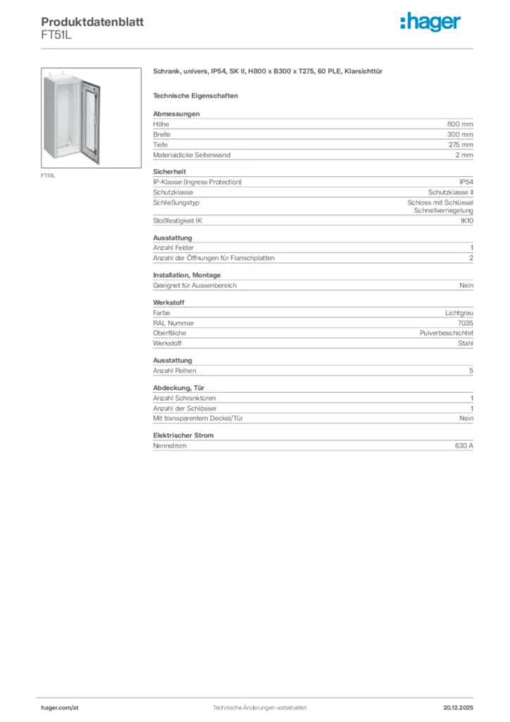 Bild Hager Produktdatenblatt FT51L | Hager Deutschland