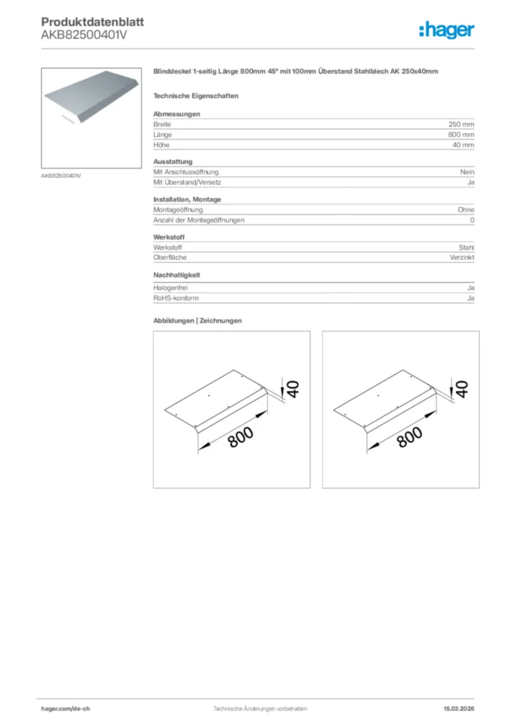 Bild Hager Produktdatenblatt AKB82500401V | Hager Schweiz