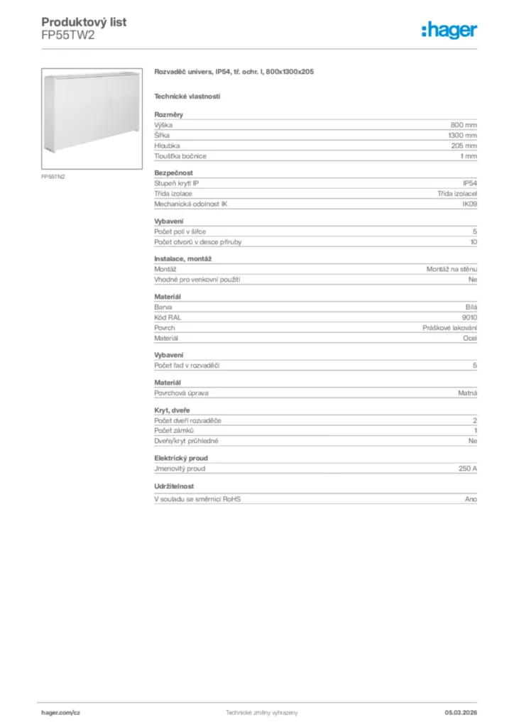 Obrázek Hager Product data sheet FP55TW2 | Hager
