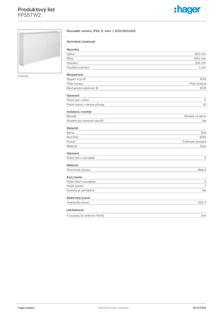 Obrázek Hager Produktový list FP55TW2 | Hager
