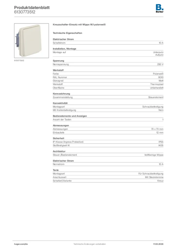 Bild Berker Produktdatenblatt 6130773512 | Hager Deutschland