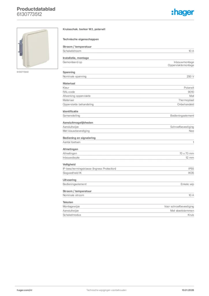 Afbeelding Hager Productdatablad 6130773512 | Hager Nederland