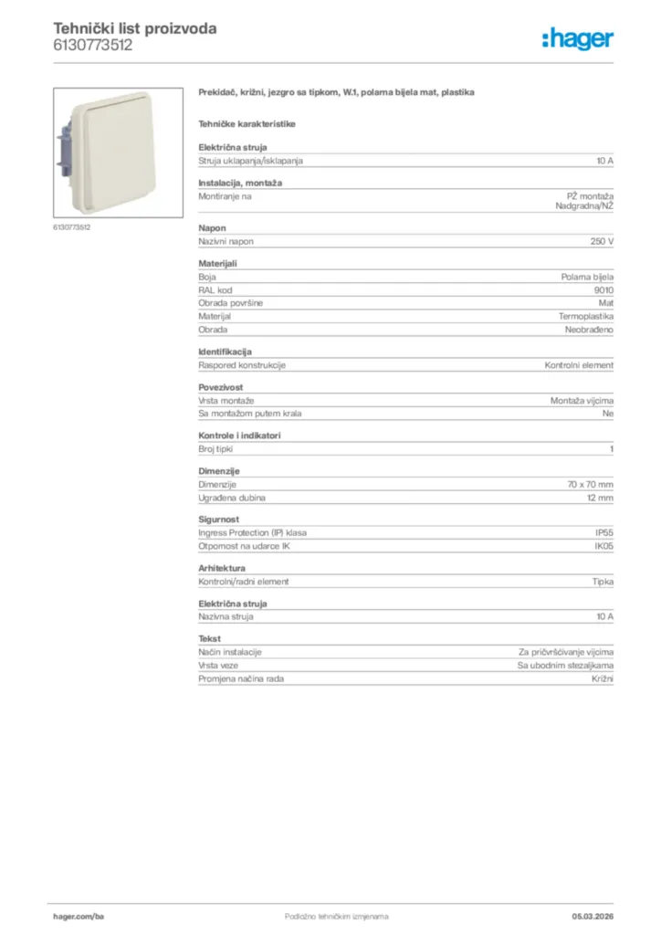 Slika Hager Tehnički list proizvoda 6130773512  | Hager